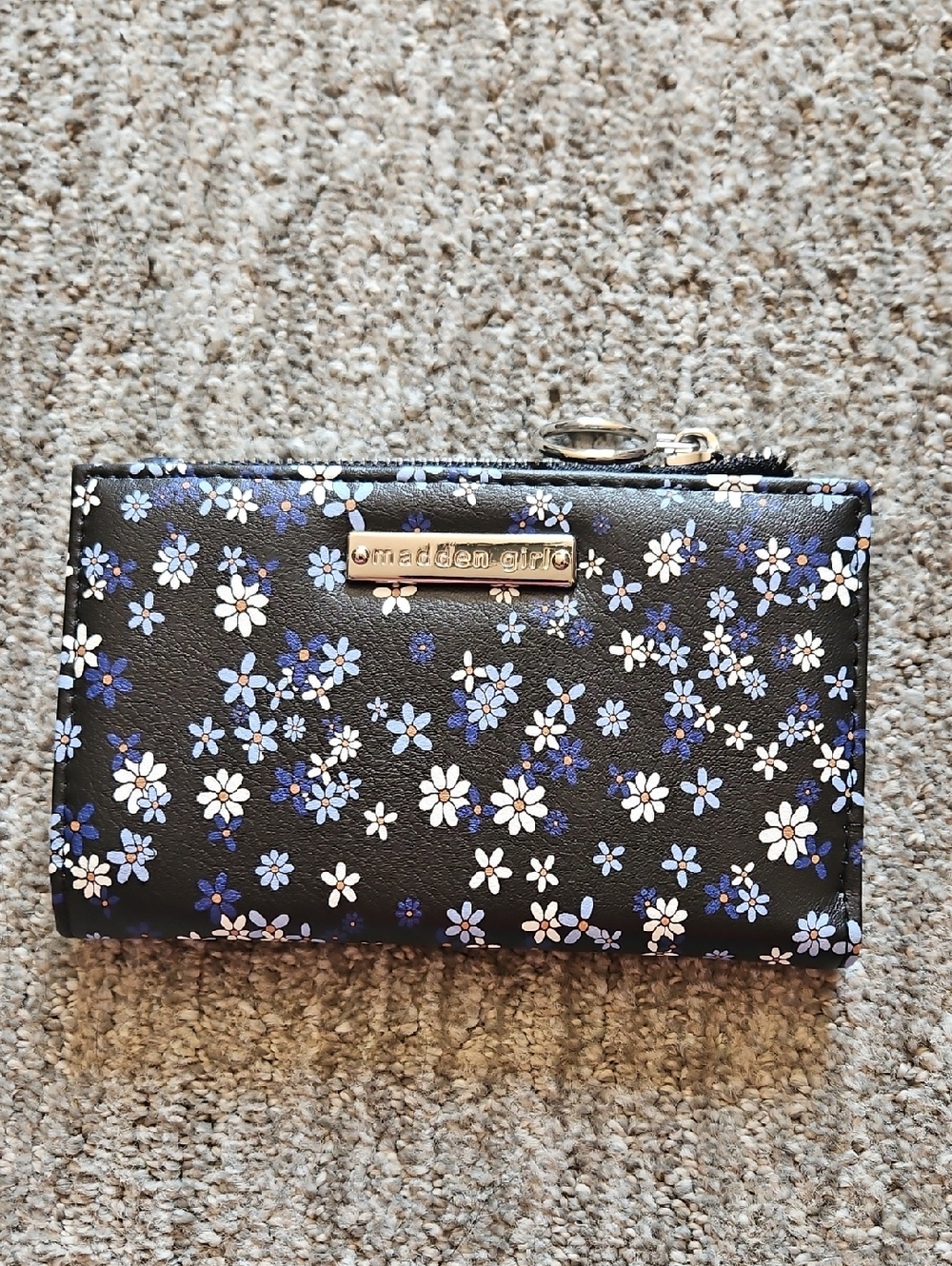 Madden Girl Black Floral Wallet with Blue and White Flowers